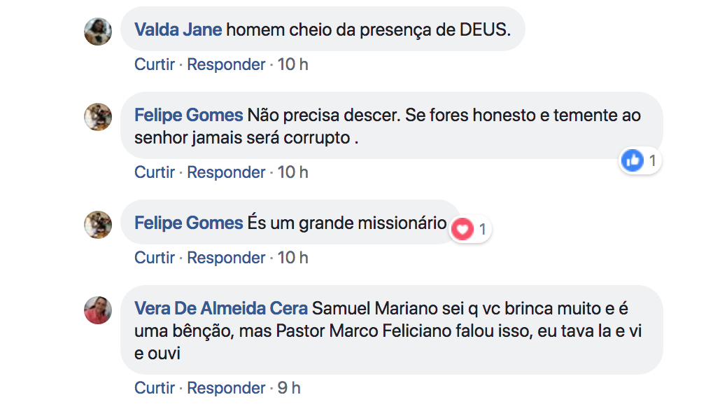 Comentários na rede social de Samuel Mariano