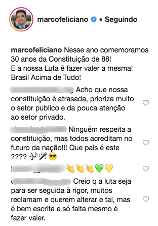 Comentários dos seguidores do Deputado Marco Feliciano (Reprodução Internet)