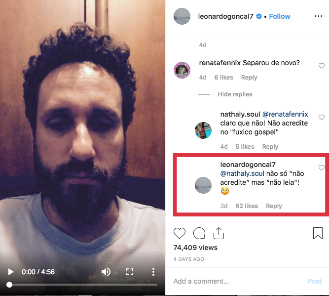 Leonardo Gonçalves resposta no Instagram