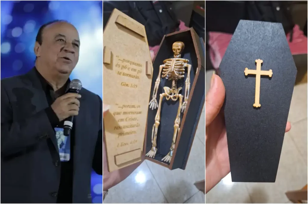 Caixão com caveira entregues a pastores da Quadrangular - @Reprodução