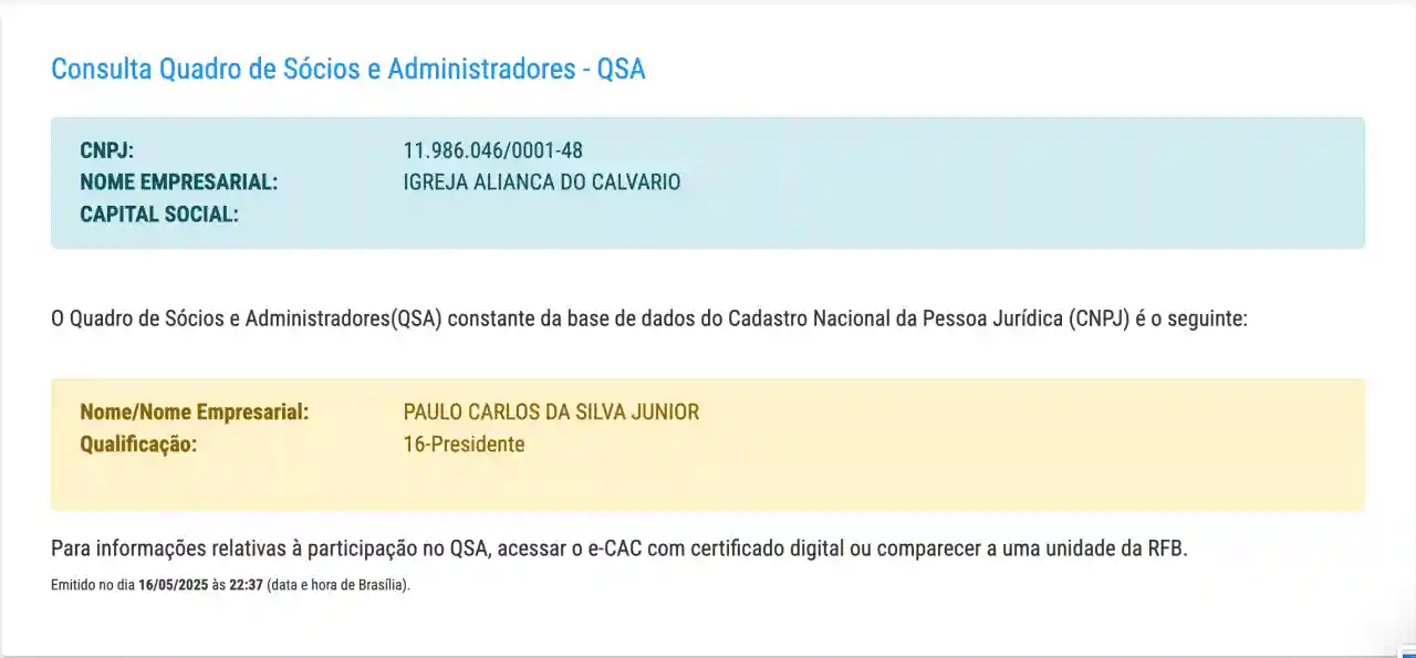 Documento mostra Paulo Junior como presidente da Aliança do Calvário - @Reprodução