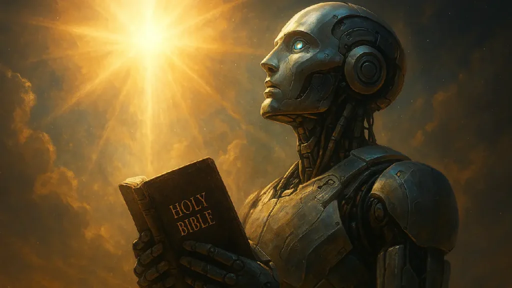 robô segurando uma Bíblia e luz celestial | Foto: Reprodução