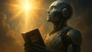 robô segurando uma Bíblia e luz celestial | Foto: Reprodução