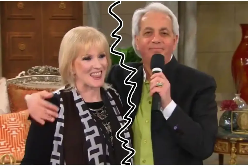 Montagem mostrando um casal durante participação em programa religioso, separados por um traço simbólico indicando ruptura no relacionamento.