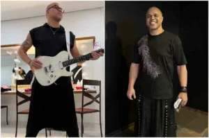 Guitarrista Cacau Santos aparece em duas fotos usando saia masculina, uma tocando guitarra no camarim e outra posando sorridente.
