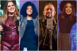 Cantores gospel Sarah Farias, Kemily Santos, Fernandinho e Isadora Pompeo posando em fotos promocionais de música cristã.