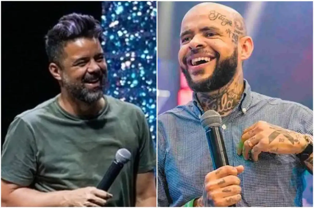 Dois pastores sorrindo enquanto seguram microfones, cada um em ambiente de culto diferente, um com visual casual e o outro com tatuagens visíveis.