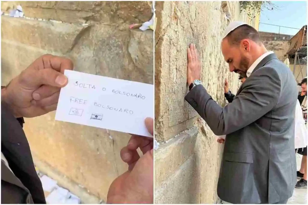Deputado diante do Muro das Lamentações orando com a mão apoiada na parede, enquanto outra imagem mostra um bilhete escrito com pedido político segurado por mãos.