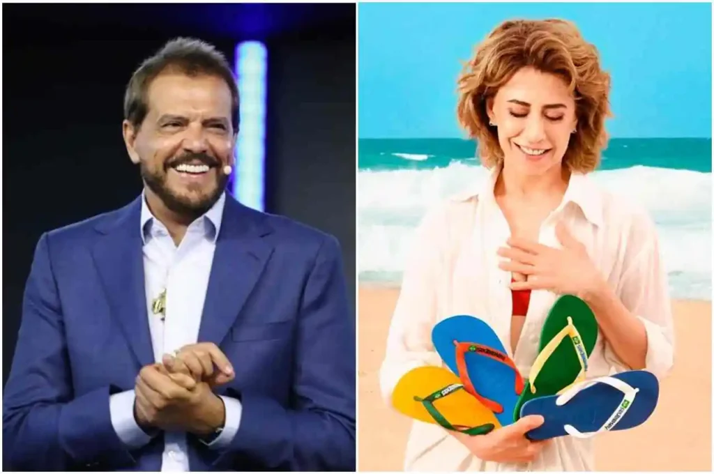 Pastor Estevam Hernandes sorrindo durante culto evangélico e Fernanda Torres segurando sandálias Havaianas em cenário de praia em imagem comparativa.