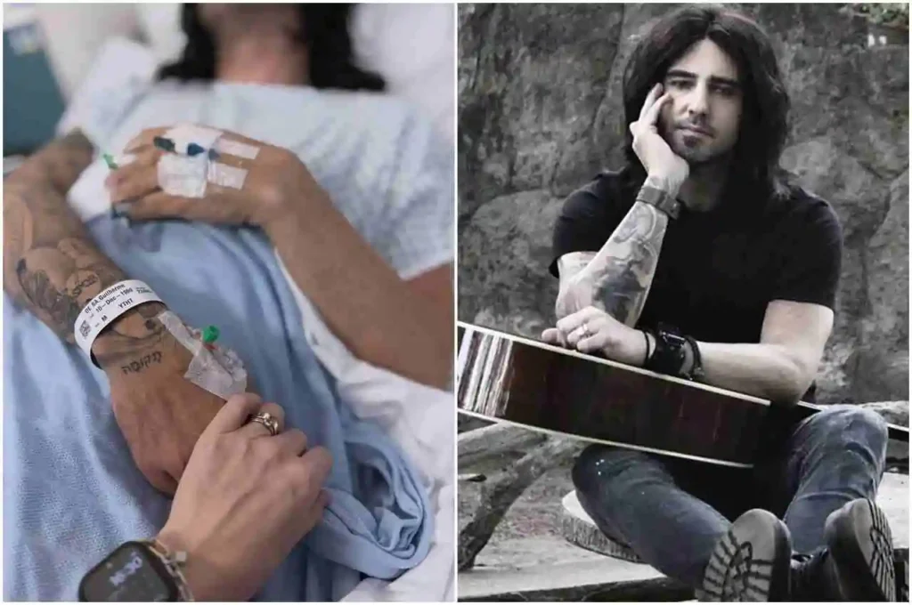 Ex-vocalista Guilherme de Sá em leito hospitalar com acesso intravenoso, recebendo apoio da esposa ao segurar sua mão.