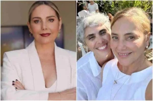 Montagem com uma mulher posando para retrato profissional e, ao lado, a mesma mulher aparecendo em selfie ao ar livre com a companheira, ambas sorrindo e vestindo roupas claras.