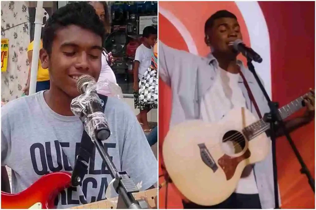 Cantor Lúcio, antes cantando nas ruas com microfone improvisado, e depois se apresentando em palco com violão após viralizar na internet.