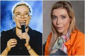 Montagem com uma cantora sorrindo enquanto se apresenta no palco e outra artista posando para retrato em estúdio, em pauta sobre críticas ligadas à fé evangélica e antigo relacionamento.