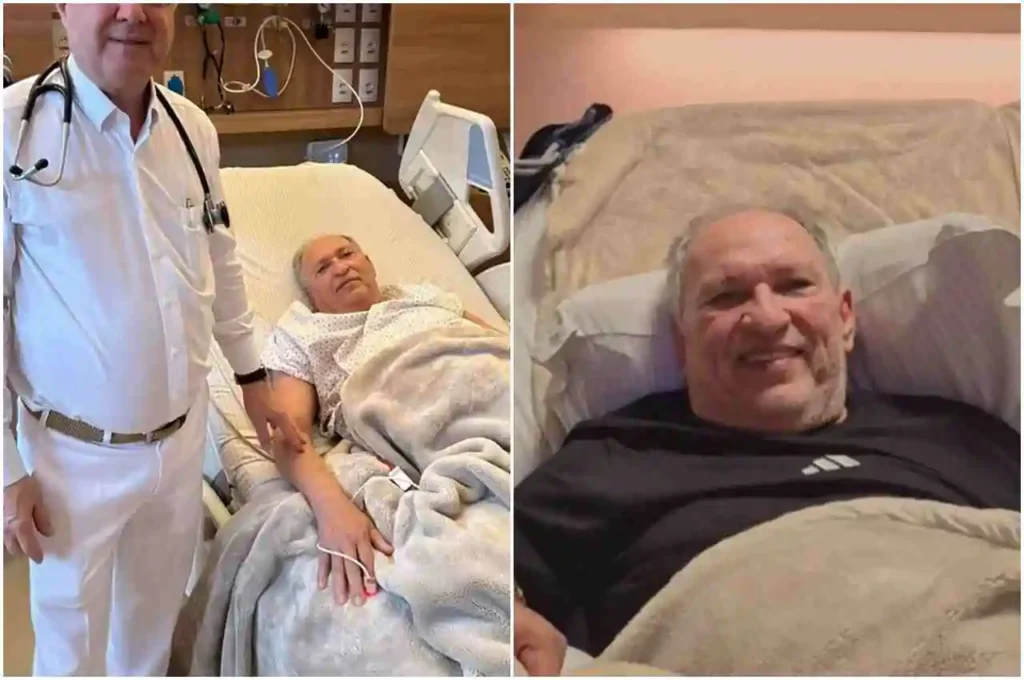 Pastor Napoleão Falcão internado em leito hospitalar, acompanhado por médico na primeira imagem e sorrindo em recuperação na segunda.