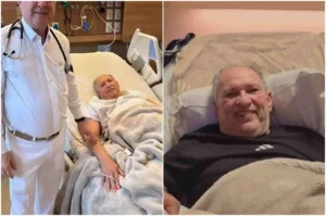 Pastor Napoleão Falcão internado em leito hospitalar, acompanhado por médico na primeira imagem e sorrindo em recuperação na segunda.