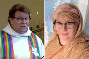 Montagem mostrando líder religioso antes em vestes clericais e depois em selfie com visual feminino, ilustrando transformação de identidade.