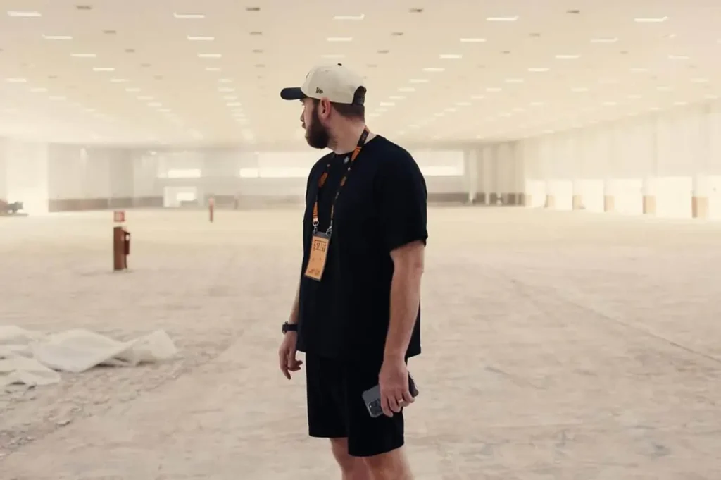 Homem barbudo com crachá observa galpão amplo em obra.