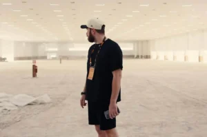 Homem barbudo com crachá observa galpão amplo em obra.