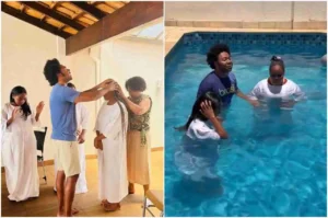 Cantor Thalles Roberto conduzindo batismo de fiéis, com imposição de mãos e cerimônia dentro de piscina.