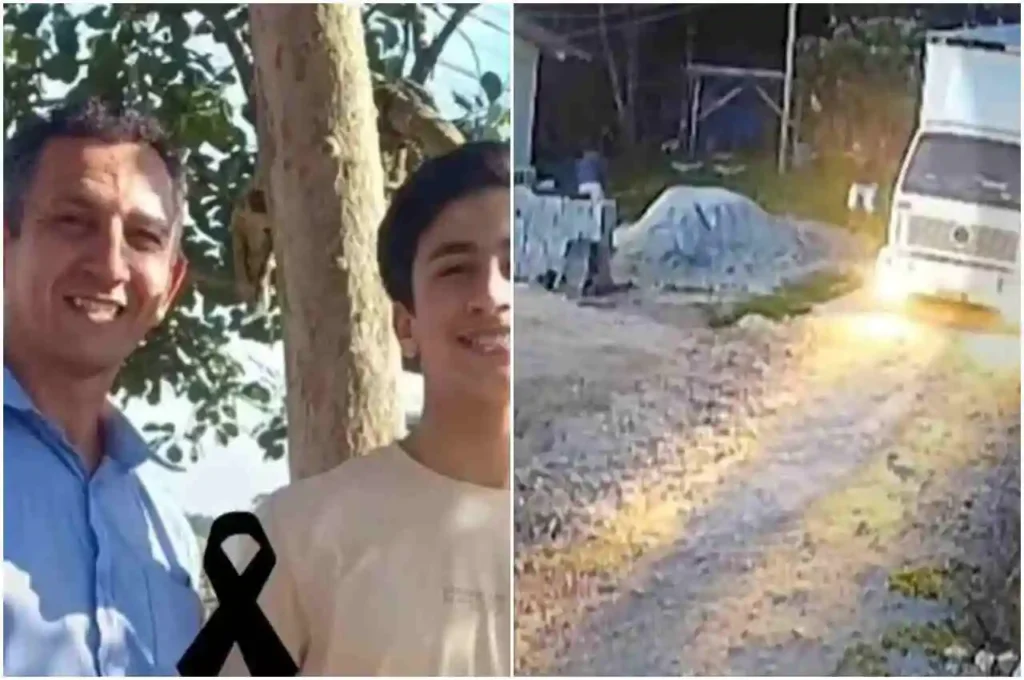 Montagem com foto de homem e adolescente sorrindo ao lado de árvore, acompanhada de laço de luto, e imagem de câmera de segurança mostrando caminhão manobrando em estrada de terra.