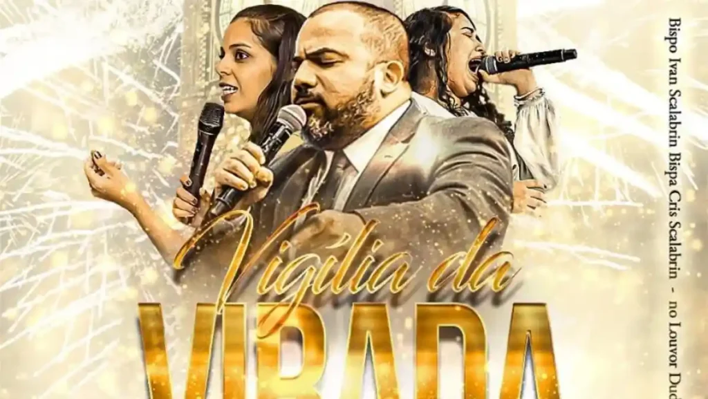 Cartaz da Vigília da Virada com bispo Ivan Scalabrin e cantores durante culto especial de fim de ano
