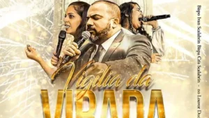 Cartaz da Vigília da Virada com bispo Ivan Scalabrin e cantores durante culto especial de fim de ano