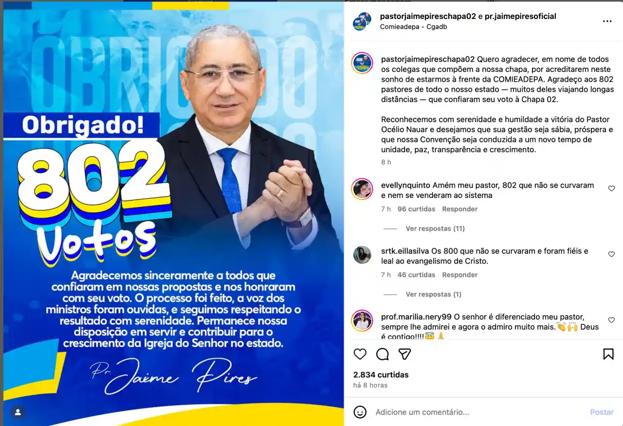 Card no Instagram mostra pastor Jaime Pires agradecendo 802 votos pela Chapa 02 na eleição da COMIEADEPA