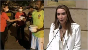 Montagem com voluntários do projeto Mutirão da Alegria distribuindo quentinhas a pessoas em situação de rua em MG e a vereadora Talita Galhardo falando na tribuna