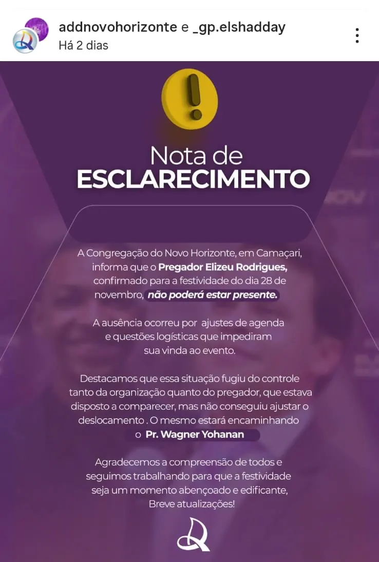 Nota de esclarecimento informa que o pregador Elizeu Rodrigues não poderá participar do evento de 28 de novembro em Camaçari por ajustes de agenda e logística