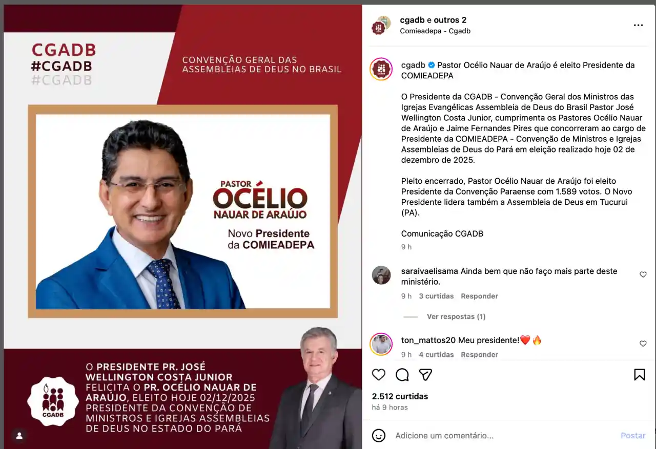 Postagem da CGADB no Instagram anuncia pastor Océlio Naur de Araújo eleito presidente da COMIEADEPA com arte oficial e texto informativo