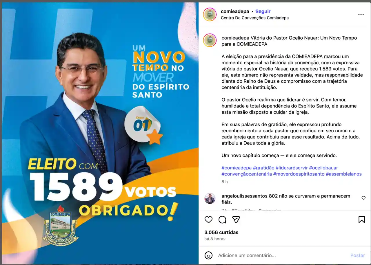 Card divulgado no Instagram anuncia pastor Ocelio Naur eleito na COMIEADEPA com 1.589 votos e mensagem “Obrigado”