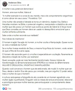 Publicação de Anderson Teixeira no Facebook com o texto “A mulher e seu potencial demoníaco!”, alvo da ação que resultou na condenação por conteúdo misógino