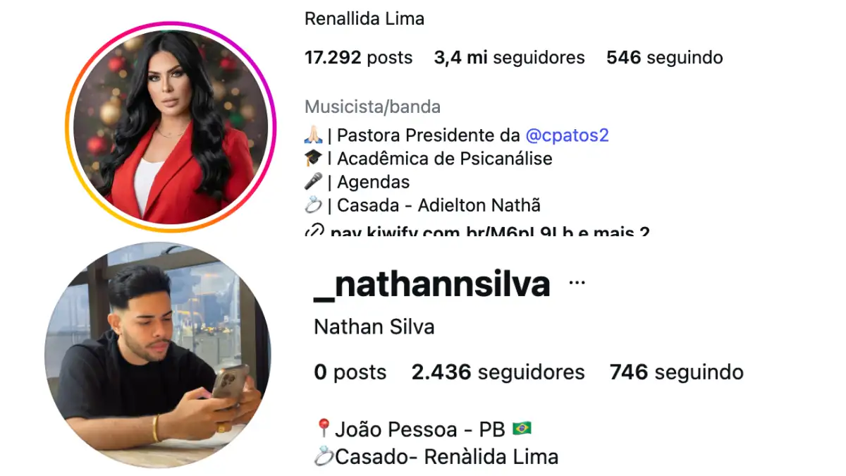 Renálida Lima e Nathan Silva informando estado civil como casados em perfis públicos no Instagram