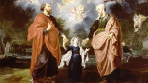 São Joaquim e Sant’Ana acolhendo o menino Jesus em representação da tradição cristã