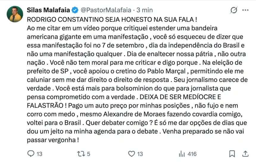 Print de postagem de Silas Malafaia no X criticando Rodrigo Constantino e defendendo sua participação em ato de 7 de setembro