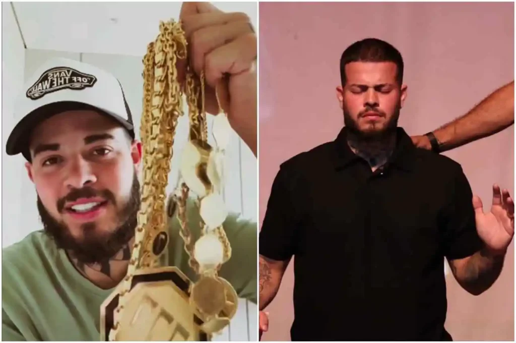 Cantor Jottapê exibe correntes de ouro em fase de ostentação e, em contraste, aparece em momento de oração com olhos fechados durante culto cristão.