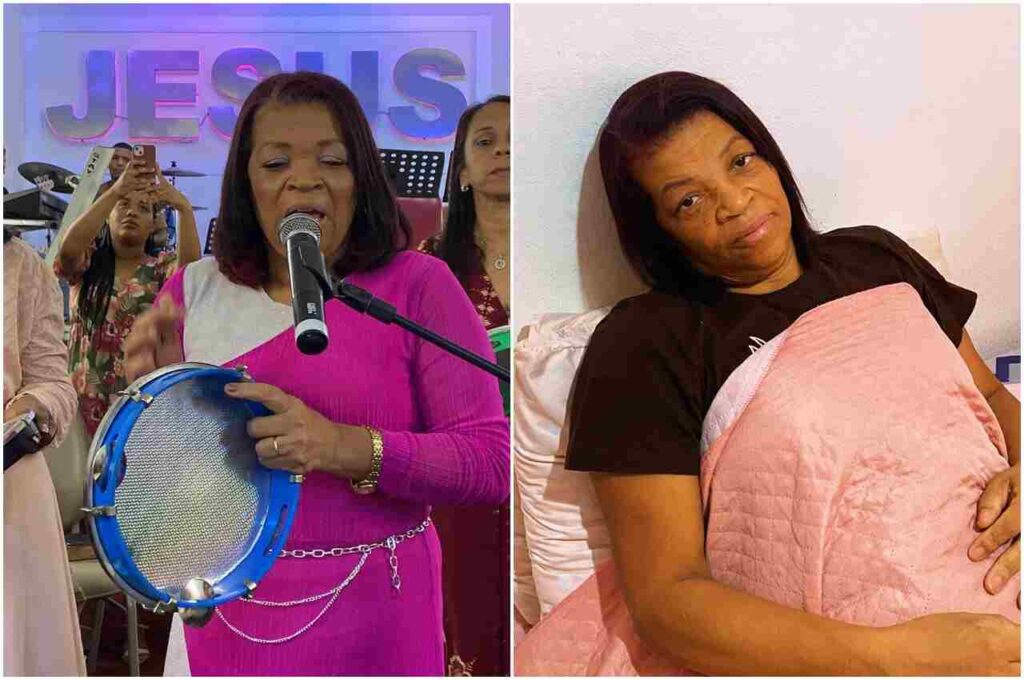 A cantora gospel Rejane Fogo Puro em dois momentos: à esquerda, ministrando louvor em igreja com pandeiro e microfone; à direita, deitada em cama durante período de enfermidade.