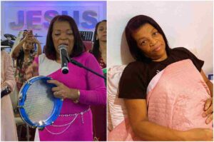 A cantora gospel Rejane Fogo Puro em dois momentos: à esquerda, ministrando louvor em igreja com pandeiro e microfone; à direita, deitada em cama durante período de enfermidade.