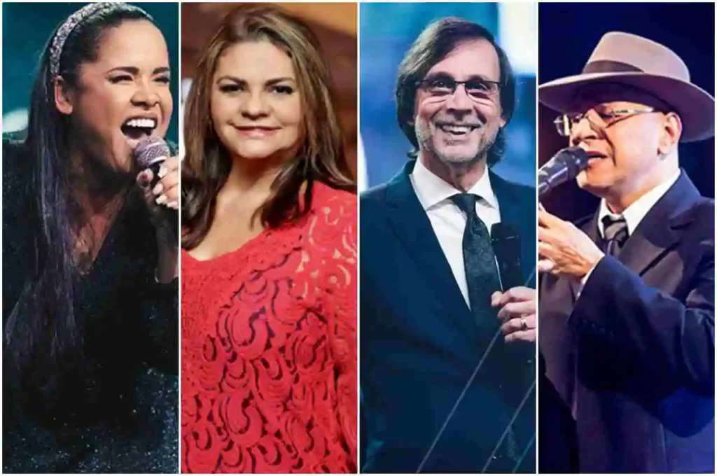 Cantores gospel brasileiros se apresentam em diferentes momentos de louvor e ministração musical durante eventos cristãos no Brasil.