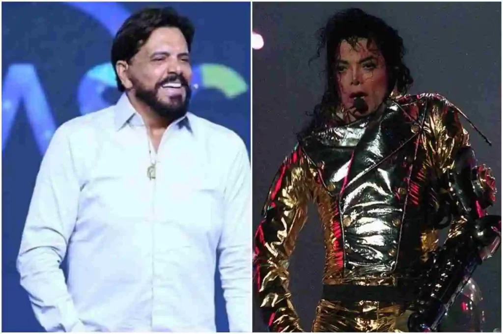 Apóstolo Estevam Hernandes sorrindo durante evento cristão ao lado de imagem de Michael Jackson em apresentação icônica nos palcos internacionais.