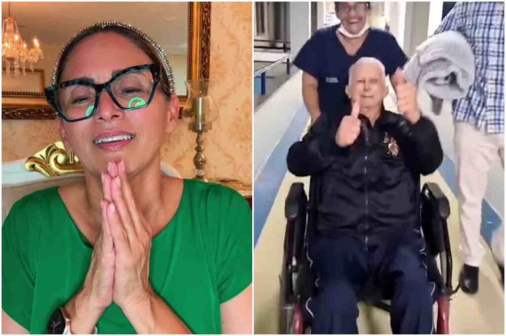 Missionária Tia Jô em momento de oração e, ao lado, seu pai em cadeira de rodas fazendo sinal positivo em ambiente hospitalar.