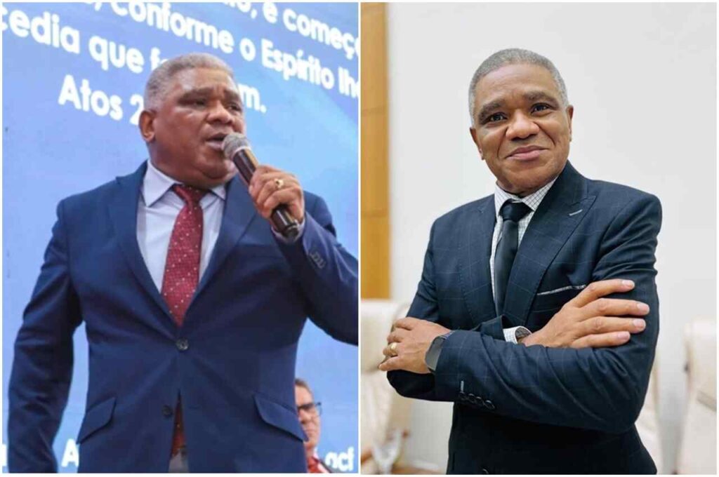 Pastor Genival Bento pregando ao microfone em culto e, ao lado, em foto recente de terno com braços cruzados.