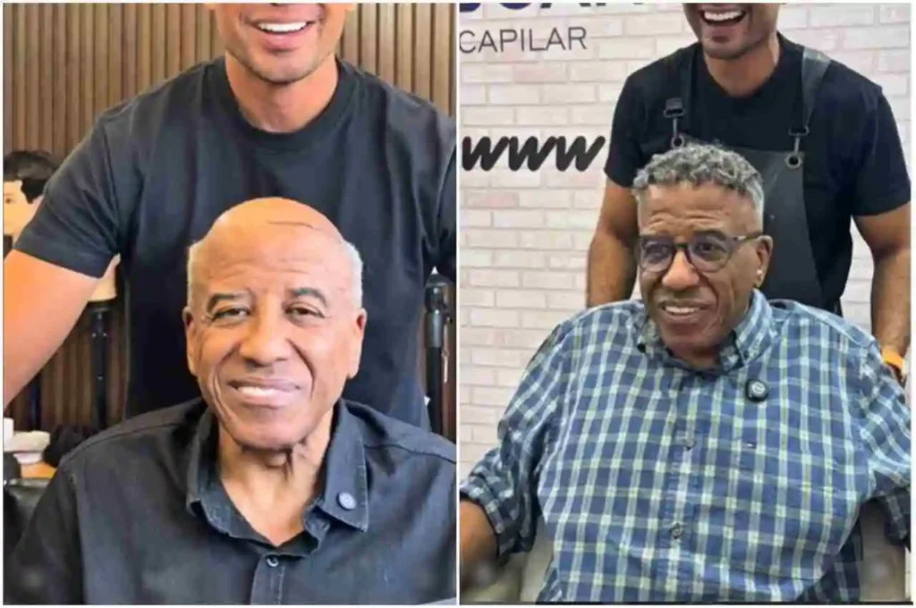 Pastor Marcus Gregório aparece antes e depois de procedimento capilar, sorrindo em clínica especializada.