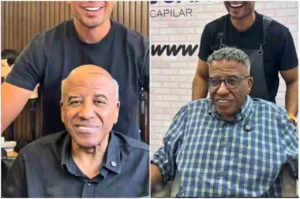 Pastor Marcus Gregório aparece antes e depois de procedimento capilar, sorrindo em clínica especializada.
