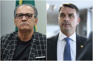 O pastor Silas Malafaia e o senador Flávio Bolsonaro aparecem em imagem comparativa, cada um em ambiente institucional distinto.