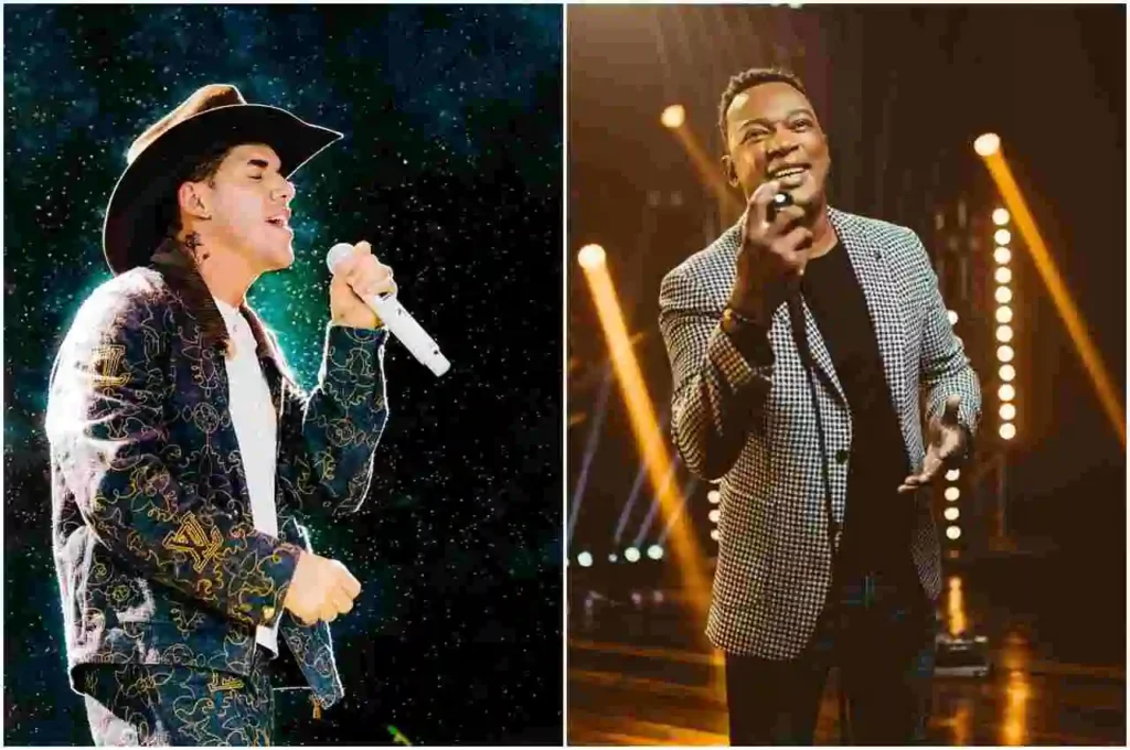 Cantores Zé Vaqueiro e Marquinhos Gomes se apresentam em shows distintos, cantando ao vivo com microfone em eventos musicais de grande público.