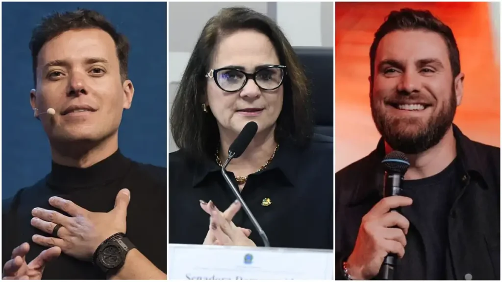 André Valadão, Damares Alves e André Fernandes em montagem fotográfica