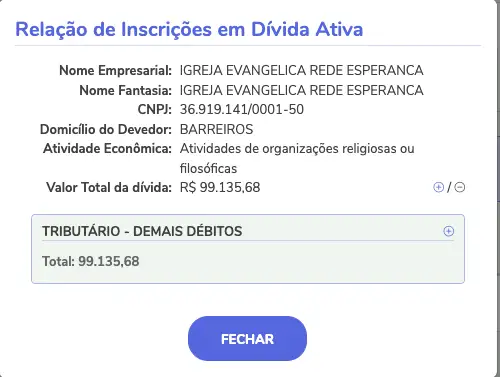 Tela do sistema mostra dívida ativa da Igreja Evangélica Rede Esperança com débitos tributários registrados em Barreiras