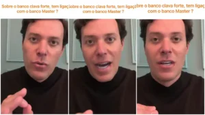 Pastor André Valadão aparece em montagem com três frames de vídeo falando para a câmera, com texto sobre Banco Clava Forte e Banco Master