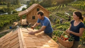 Homem constrói telhado de madeira enquanto mulher segura cesta de alimentos em comunidade agrícola, imagem ilustrativa sobre a visão de paraíso das Testemunhas de Jeová